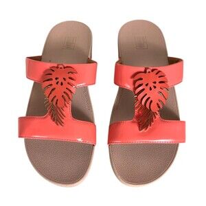 FitFlop Coral Pink Patent Lottie Jungle-Leaf Slide Sandals  Size US 10  Comfort